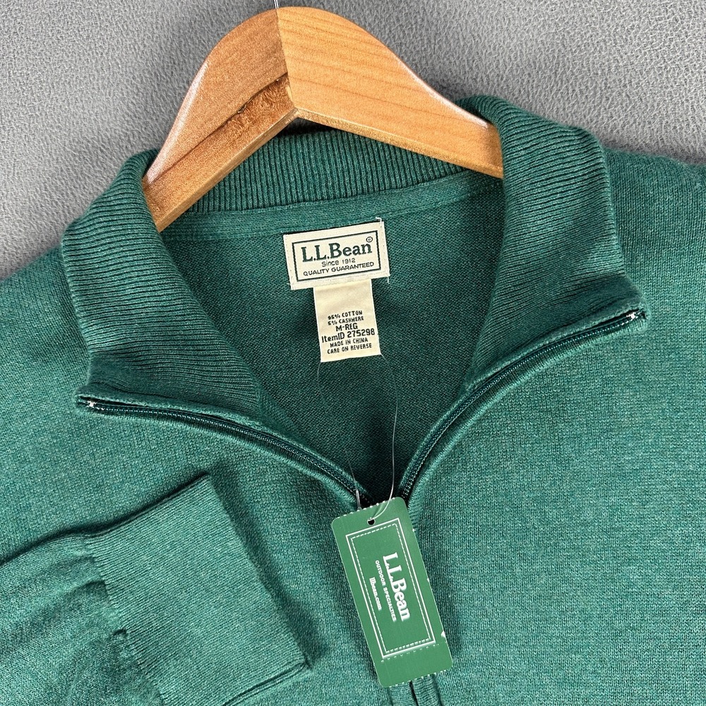 LL Bean Quarter Zip Sweater Mens Medium Green Cotton Cashmere Lightweight New